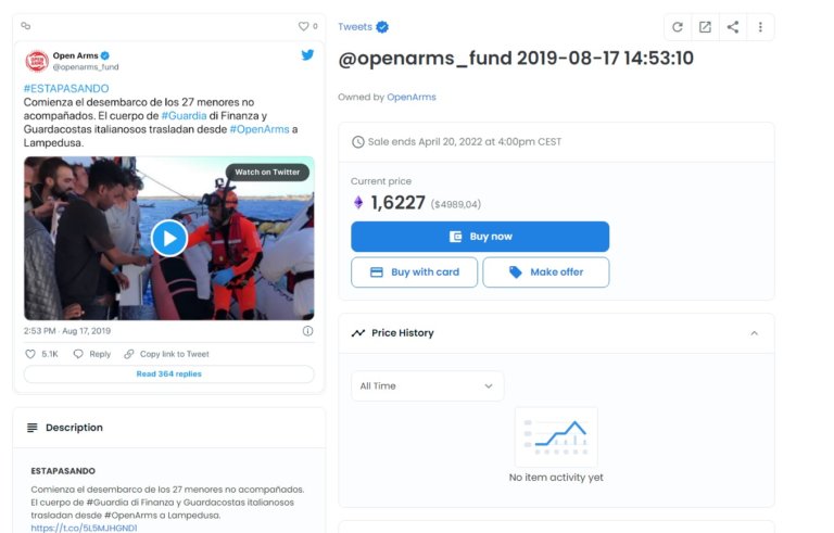 Open Arms converteix els seus Tweets en NFT per salvar vides al mar